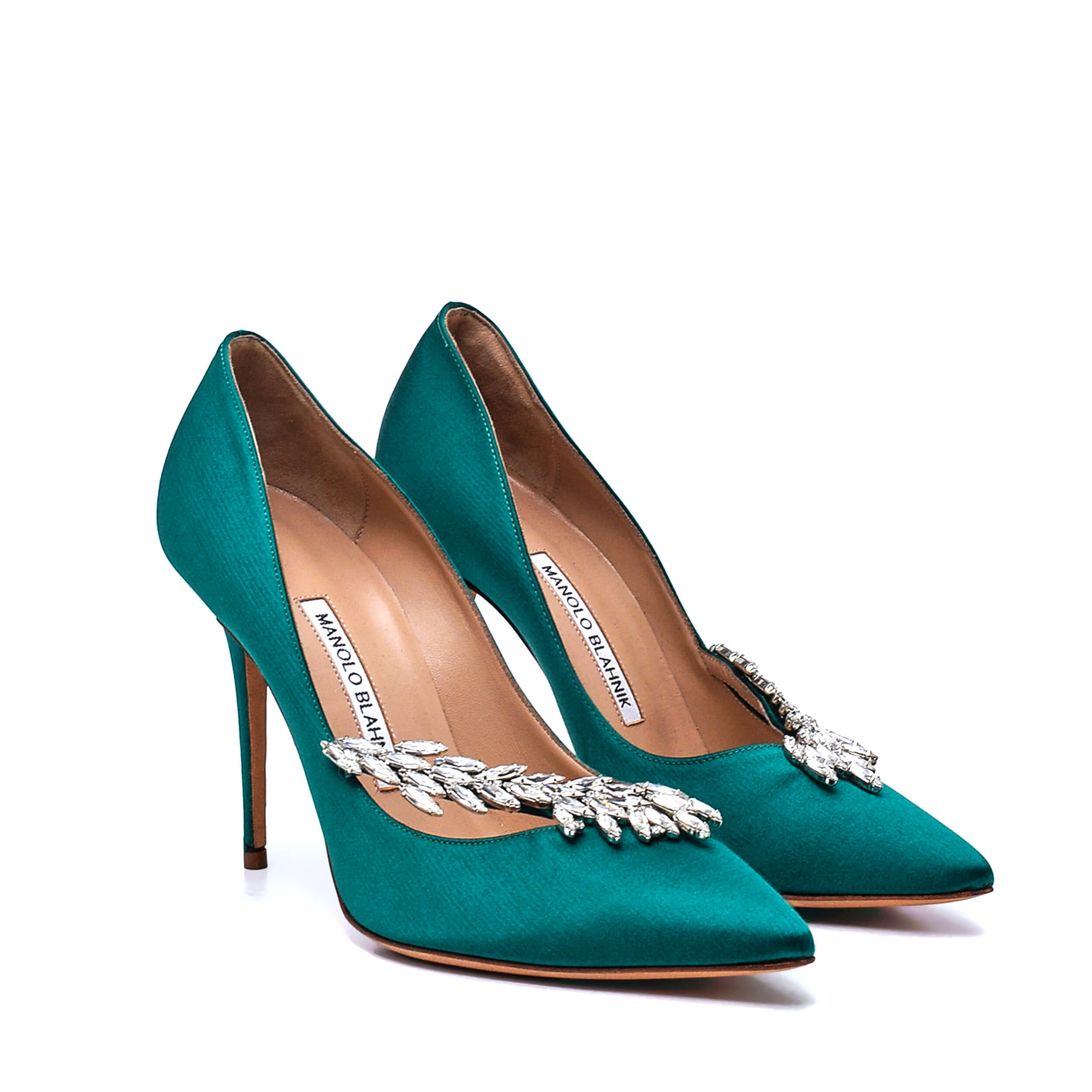 Manolo Blahnik - Green Satin Nadira Jewel Buckle Pumps / 38